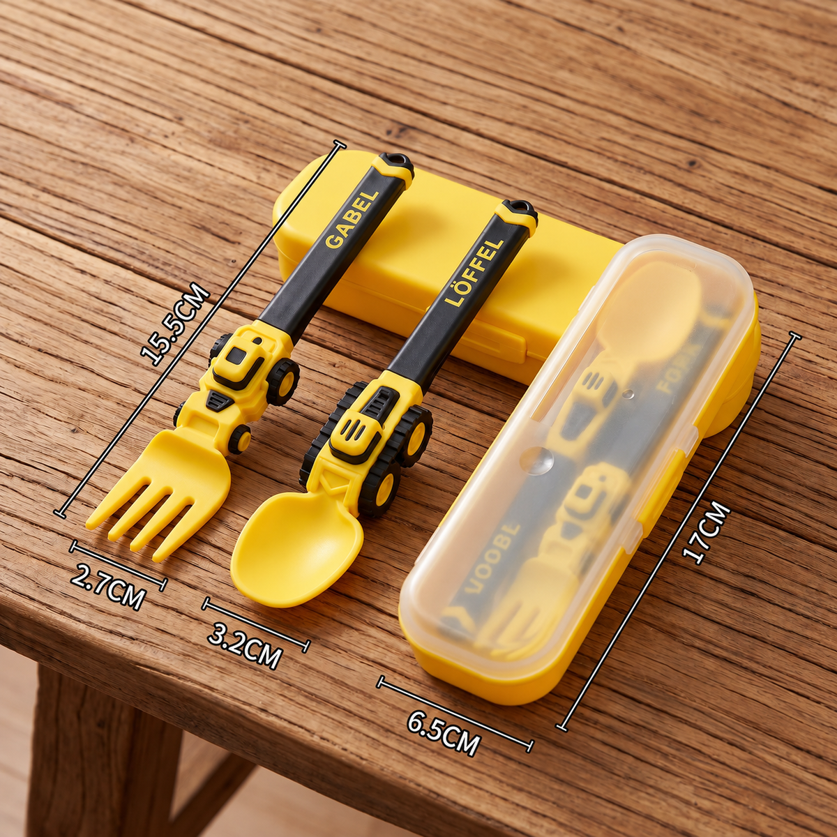 3-teiliges Kinder-Besteckset im Baufahrzeug-Design mit Löffel Gabel & Reiseetui