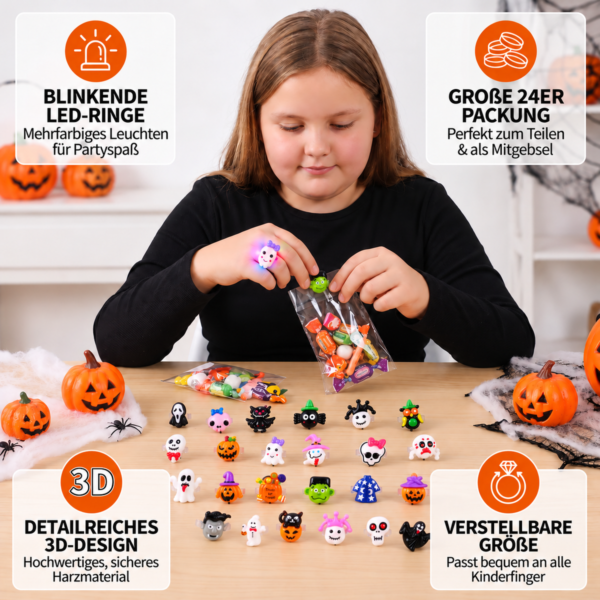 24er-Pack blinkende LED-Halloween-Ringe für Kinderpartys & Süßigkeitentüten