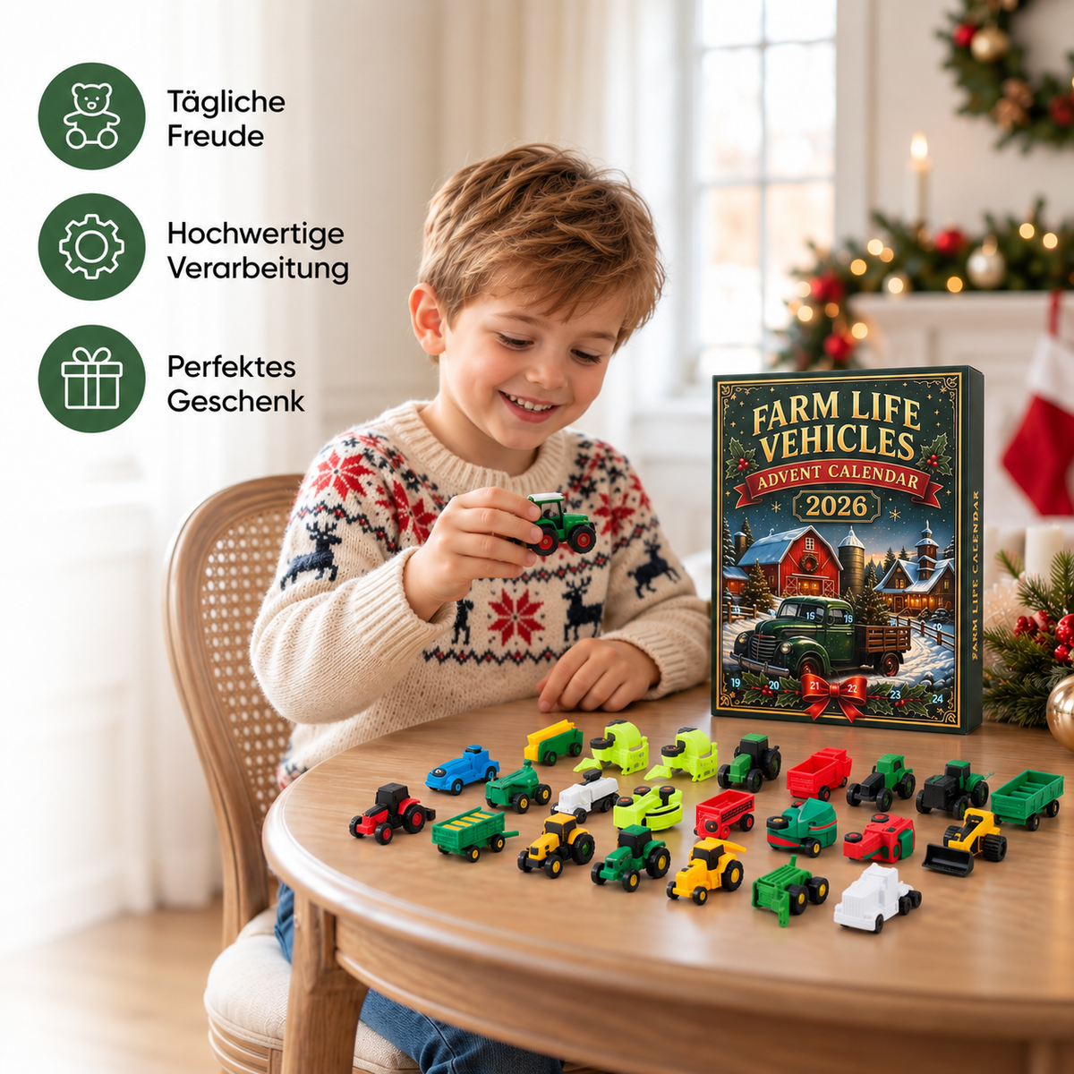 24-Tage-Weihnachts-Adventskalender mit Bauernhoffahrzeugen