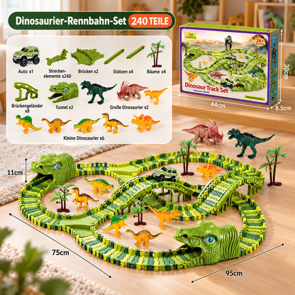 215-teiliges Dinosaurier-Rennstrecken-Set mit motorisierten Autos, Brücke & Dinosaurierfiguren