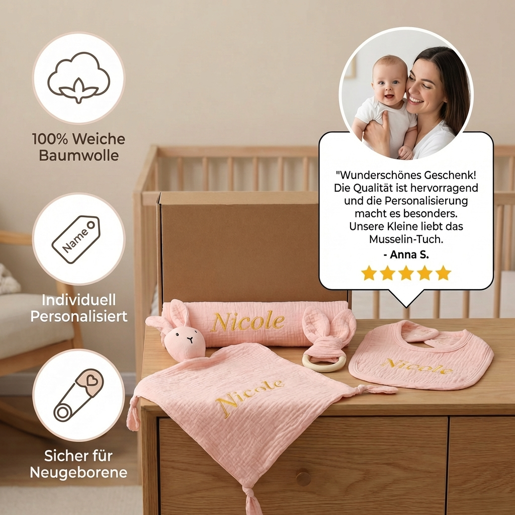 Personalisiertes 4-teiliges Neugeborenen Geschenkset – Musselin, Beißring & Lätzchen (100% Baumwolle)