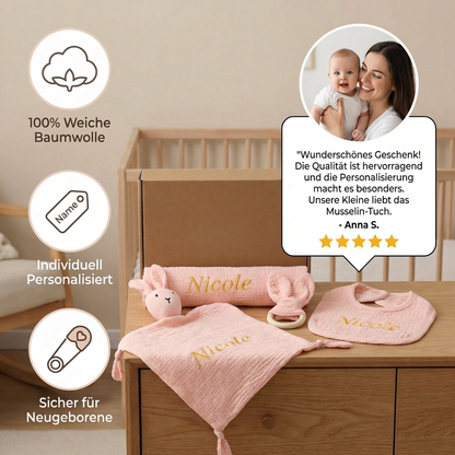 Personalisiertes 4-teiliges Neugeborenen Geschenkset – Musselin, Beißring & Lätzchen (100% Baumwolle)
