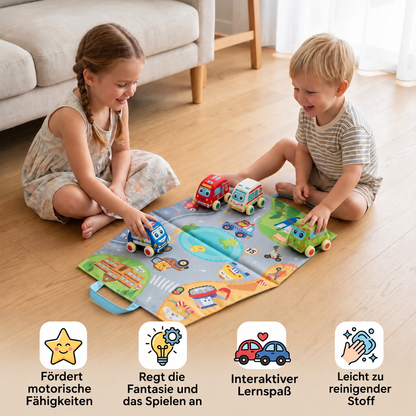 Weiches Plüsch-Rückziehauto-Set mit 2-in-1 Spielmatte & Aufbewahrungstasche