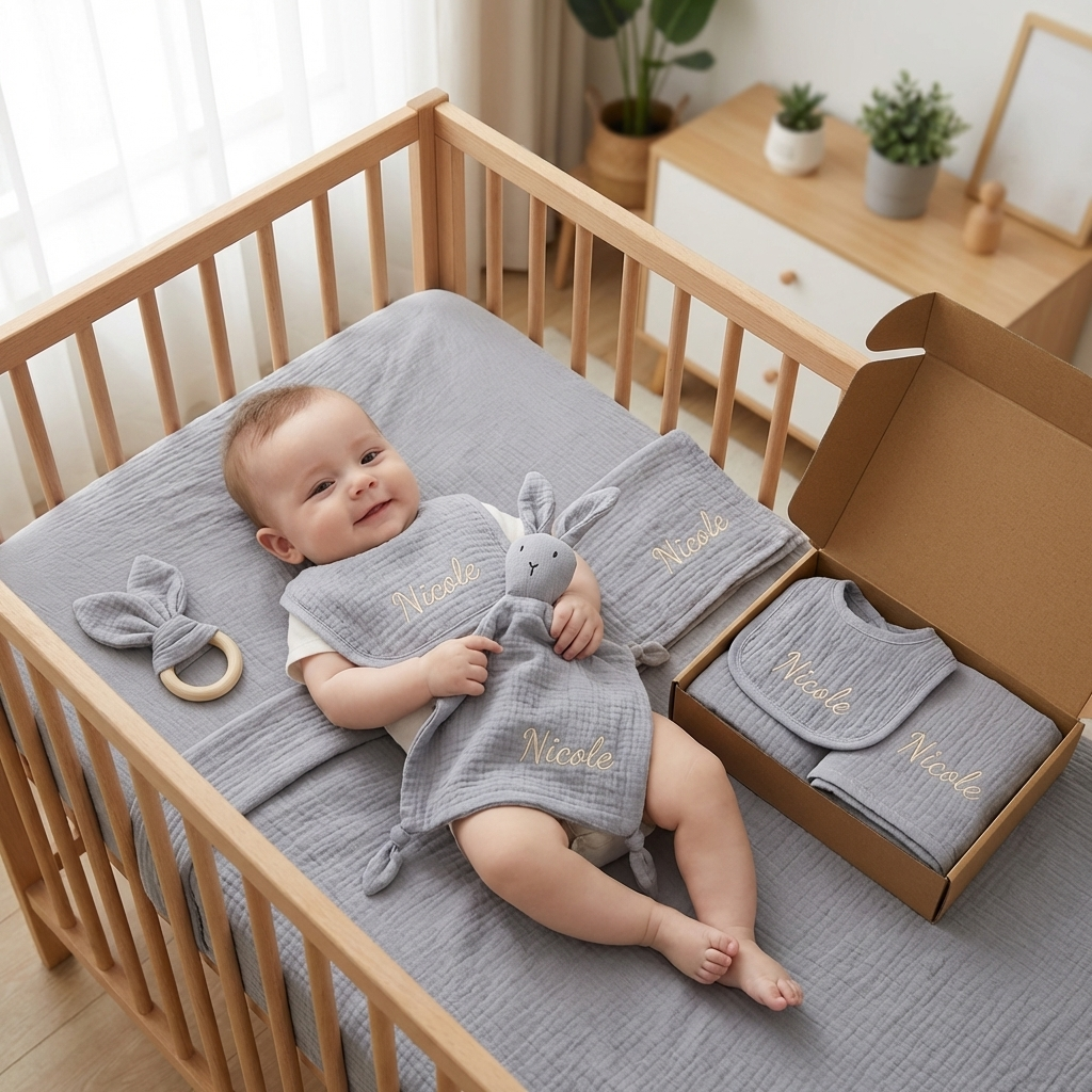 Personalisiertes 4-teiliges Neugeborenen Geschenkset – Musselin, Beißring & Lätzchen (100% Baumwolle)