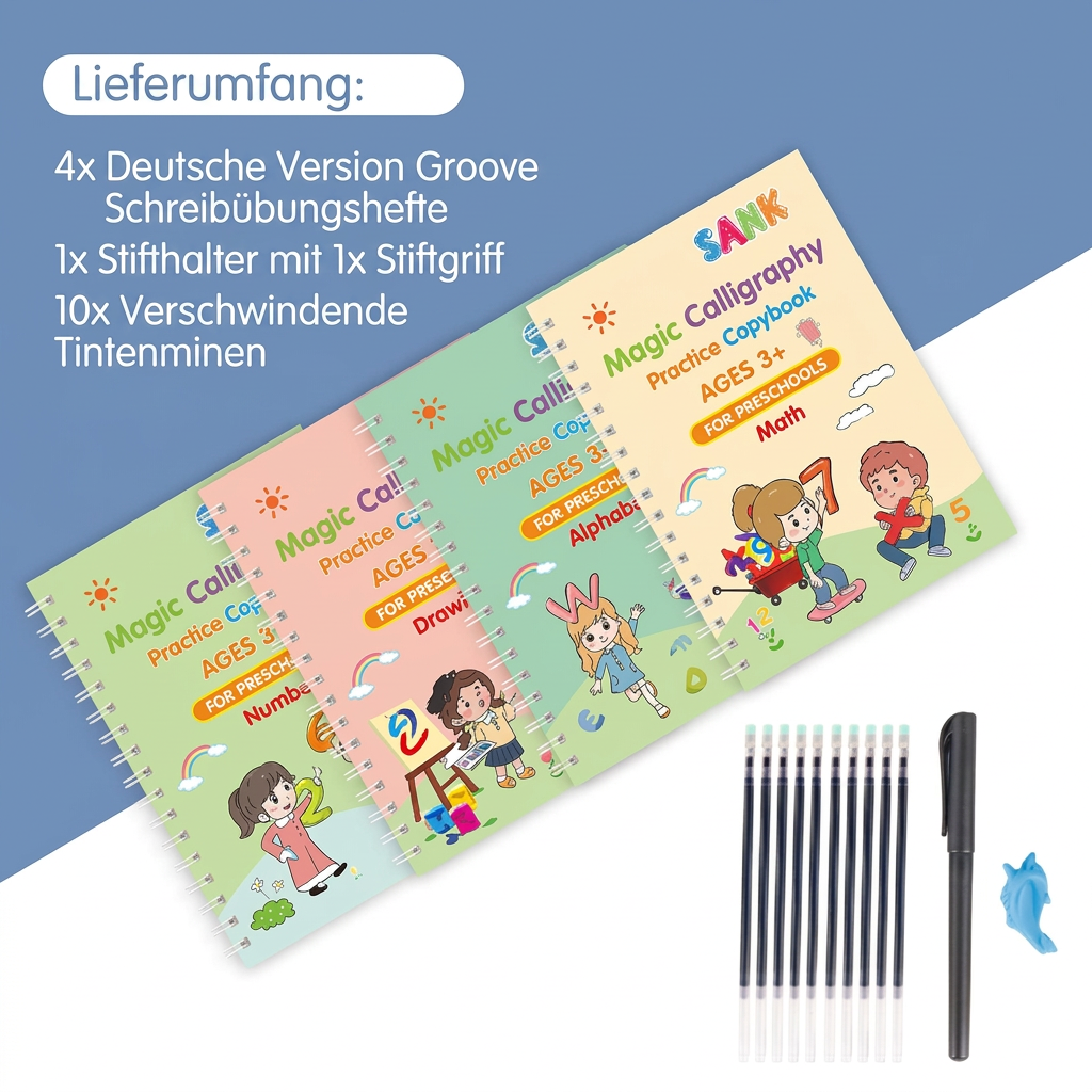 Magisches wiederverwendbares Schreibübungsheft-Set mit Rillen & verschwindender Tinte