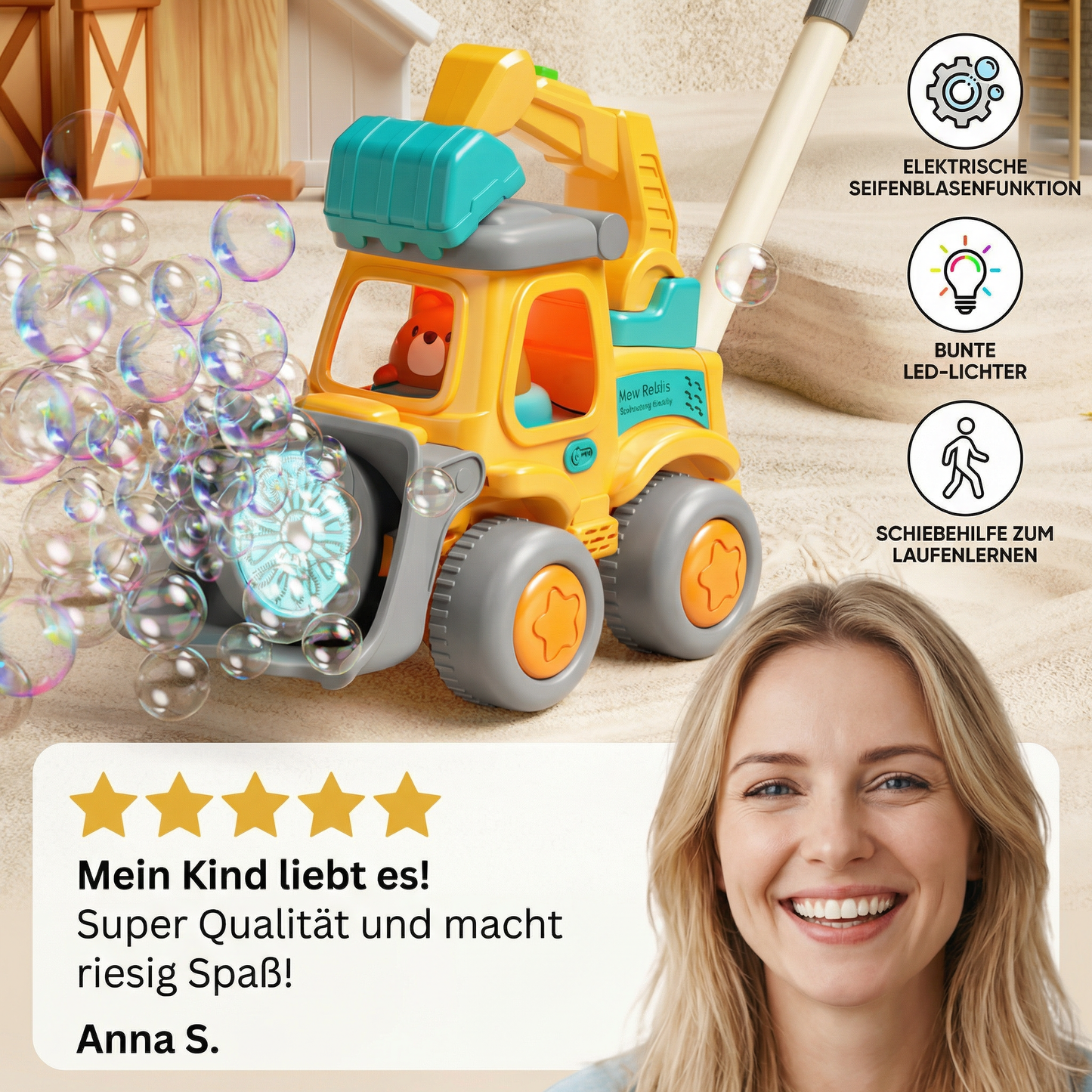 Leuchtender Seifenblasenwagen – Schiebe-Spielzeug für Kinder