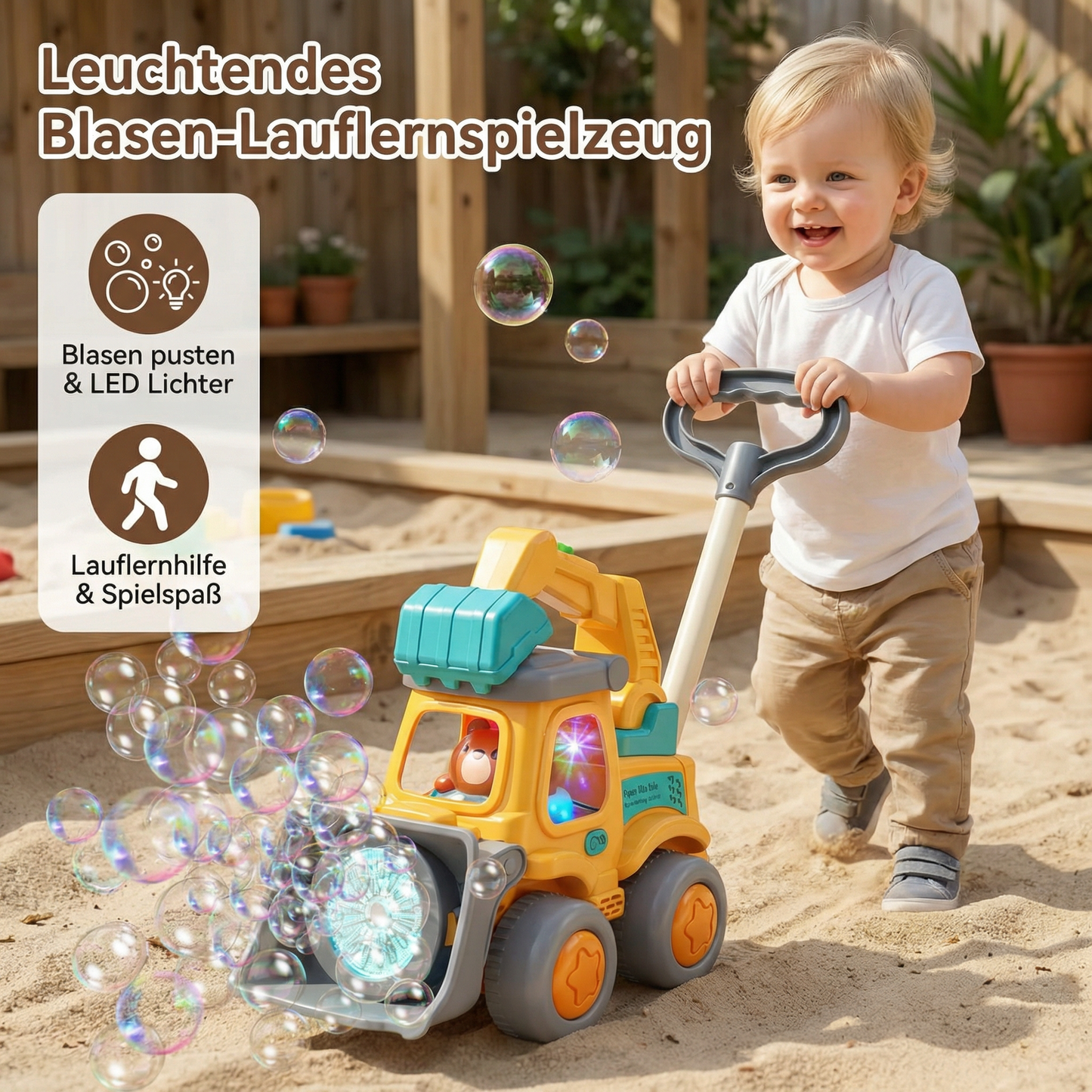 Leuchtender Seifenblasenwagen – Schiebe-Spielzeug für Kinder
