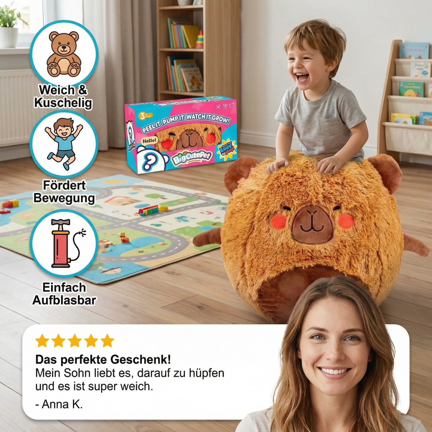 Aufblasbares Hüpf-Tier aus Plüsch – Kinder Springtier zum Spielen
