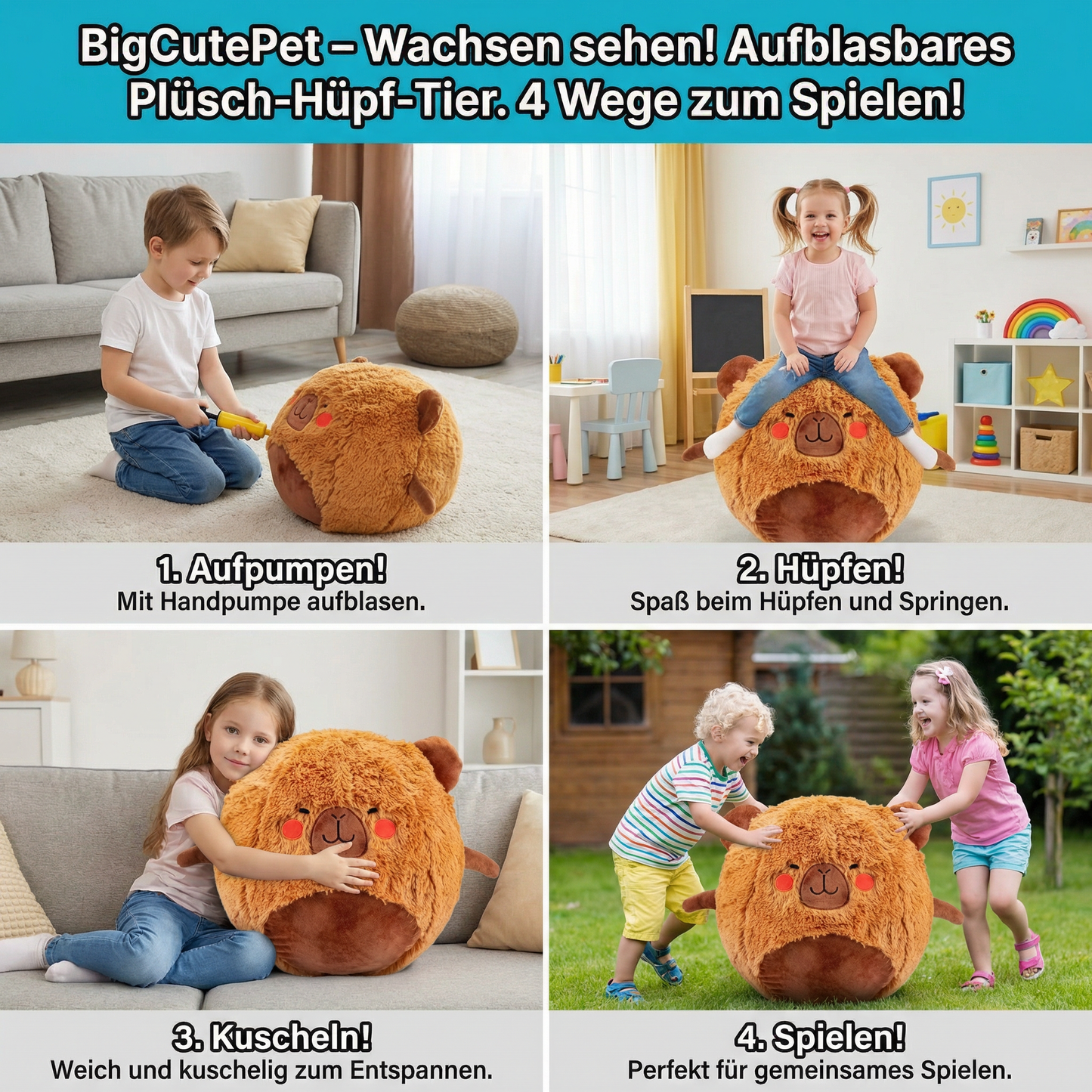 Aufblasbares Hüpf-Tier aus Plüsch – Kinder Springtier zum Spielen