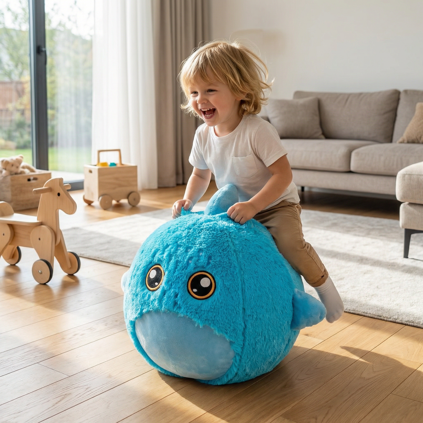 Aufblasbares Hüpf-Tier aus Plüsch – Kinder Springtier zum Spielen