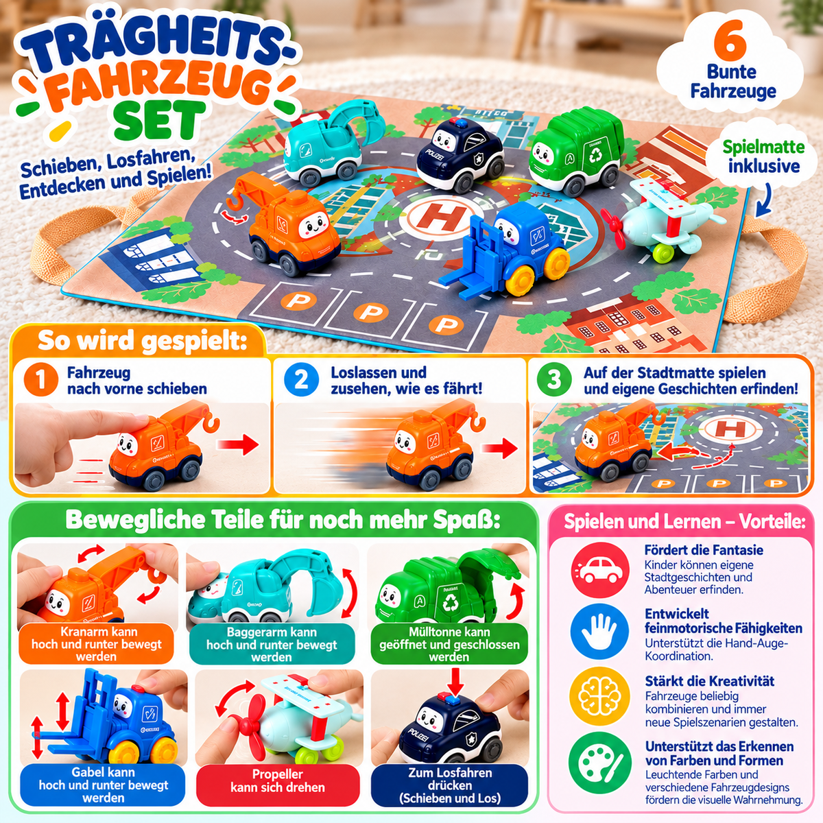 Spielzeug-LKW- & Auto-Set für Kleinkinder mit Spielmatten-Aufbewahrungstasche