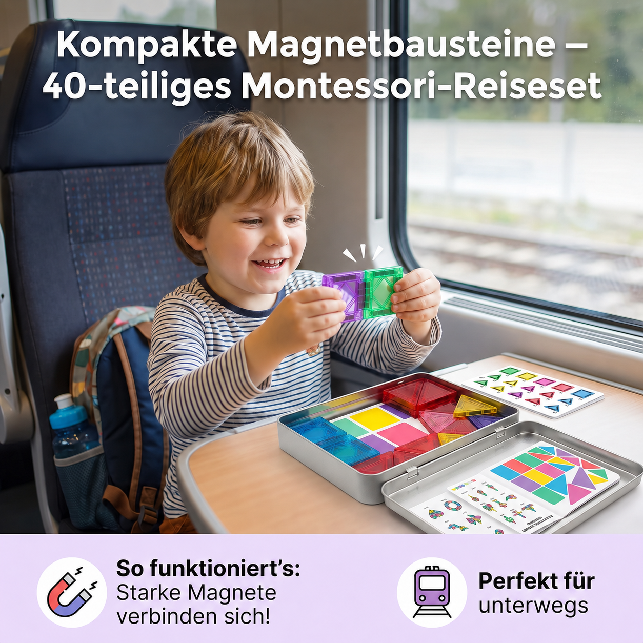 Kompakte Magnetplättchen – 40-teiliges Montessori-Reiseset