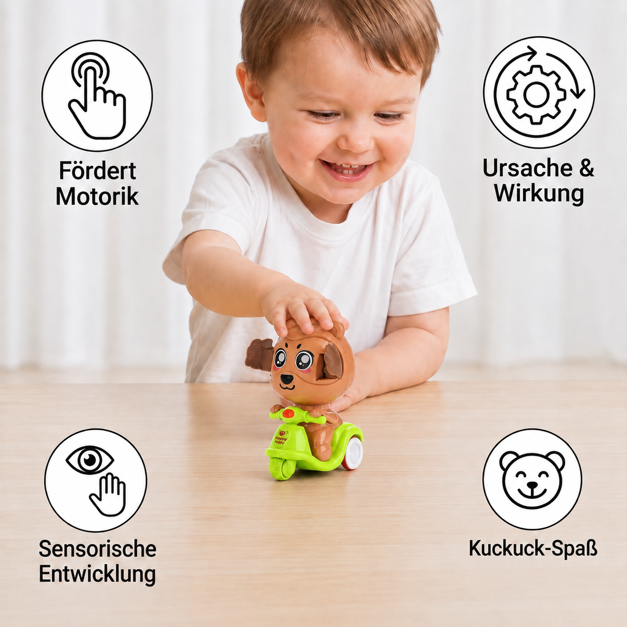Drück- & Los-Tiermotorrad-Spielzeug – Süßes Versteckspiel-Fahrzeug