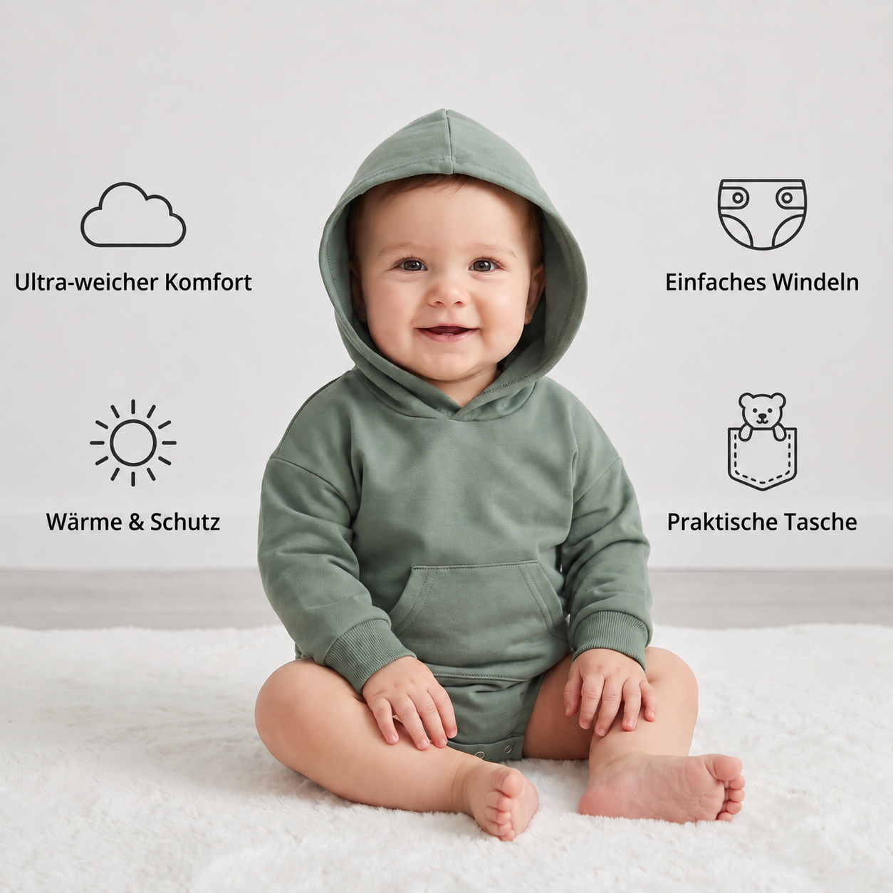 Baby-Strampler mit Kapuze – Weicher Langarm-Einteiler mit Fronttasche