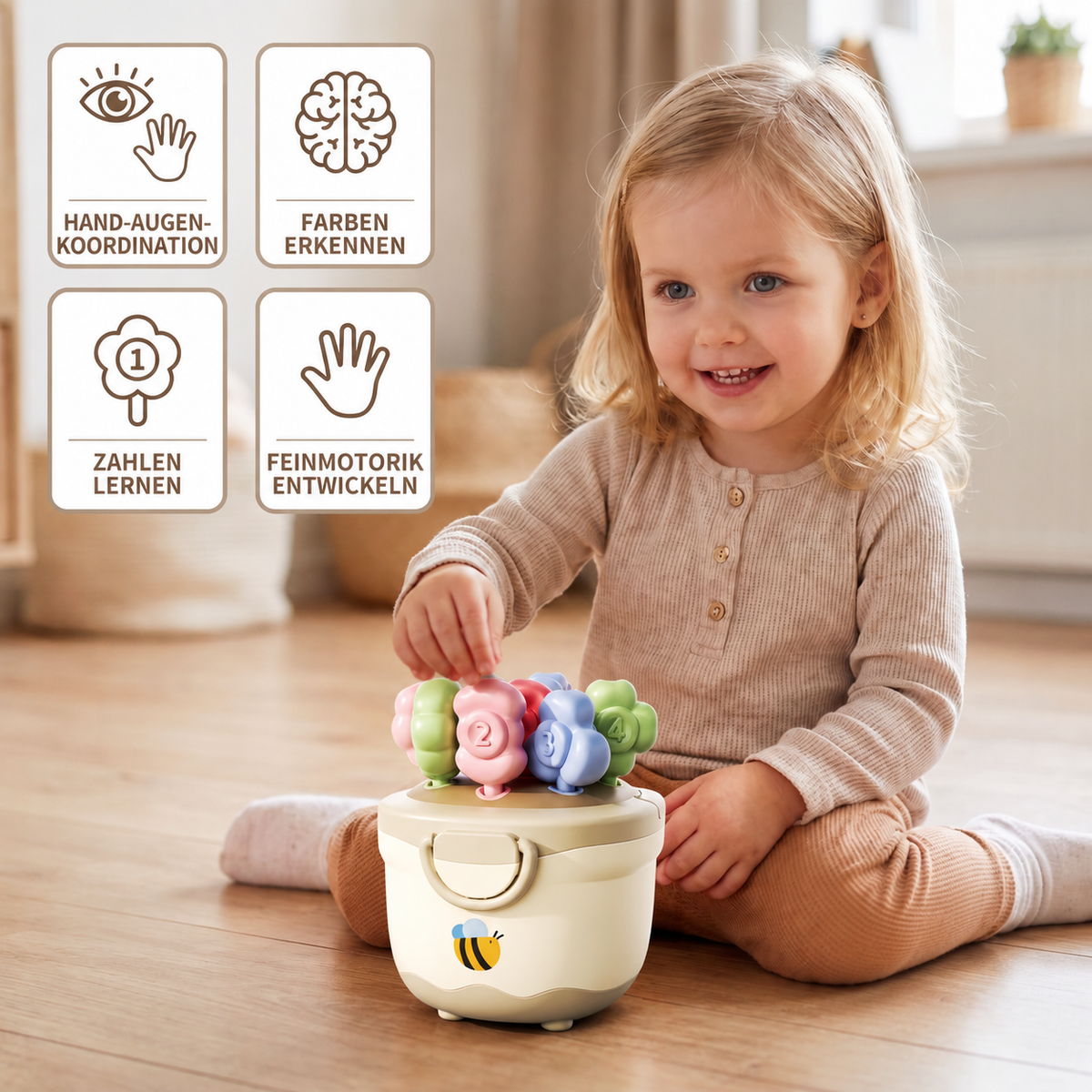 Montessori-Lernspiel mit Blumentopf zum Zuordnen von Farben & Zahlen