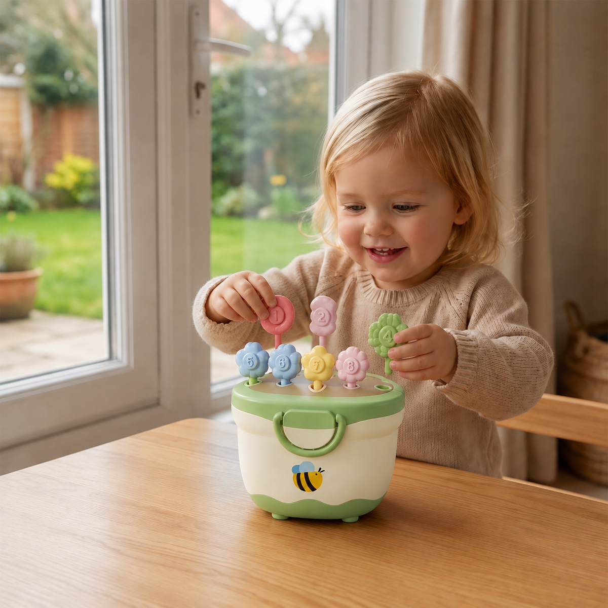Montessori-Lernspiel mit Blumentopf zum Zuordnen von Farben & Zahlen