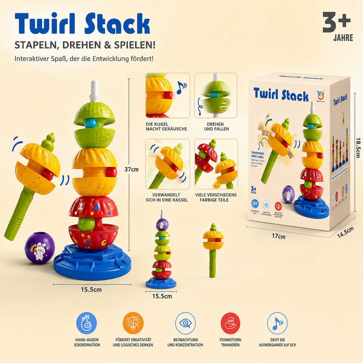 2-in-1 interaktiver drehbarer Stapel- & Ballfallturm mit Rassel für Kinder