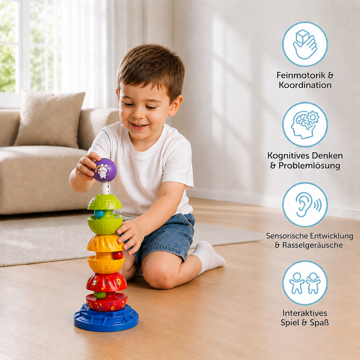 2-in-1 interaktiver drehbarer Stapel- & Ballfallturm mit Rassel für Kinder