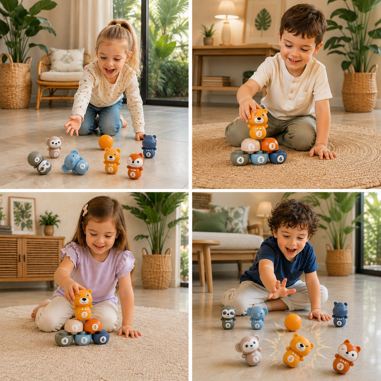 6-in-1 weiches Tier-Bowling- & Stapelspiel aus Gummi – Montessori-Lernspielzeug für Kinder