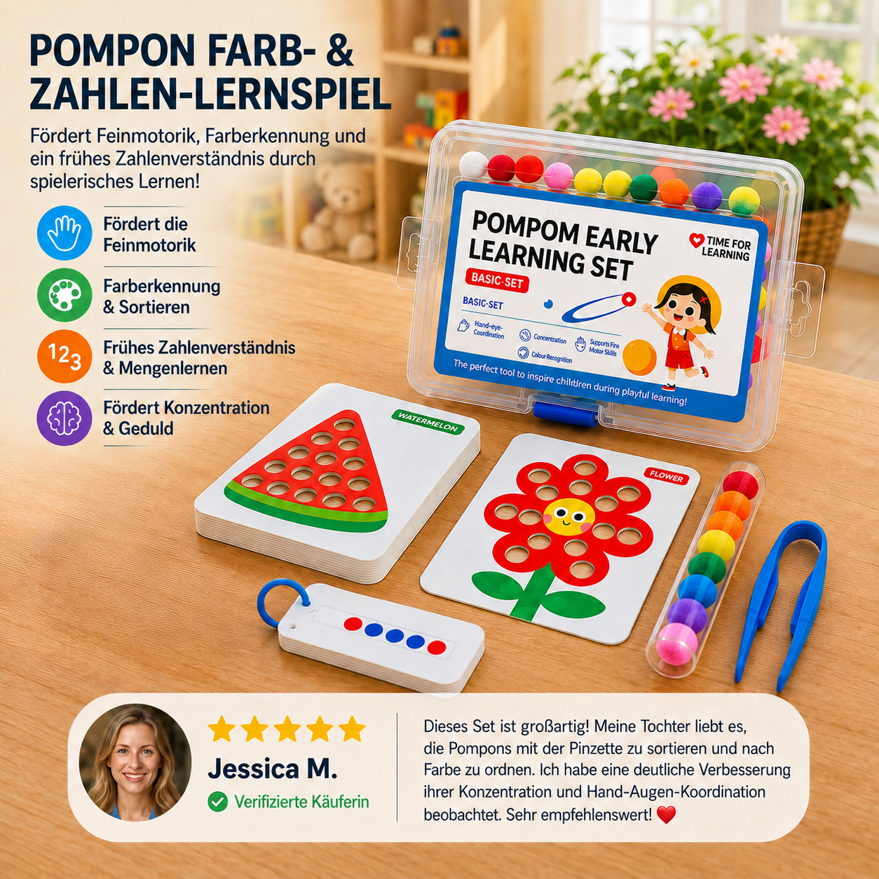Montessori-Pompon-Lernspiel für Farben & Zahlen zur Förderung der Feinmotorik