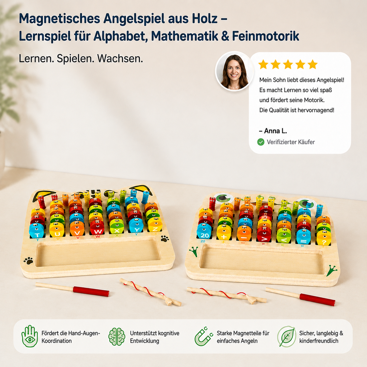 Magnetisches Angelspiel aus Holz – Lernspiel für Alphabet, Mathematik & Feinmotorik