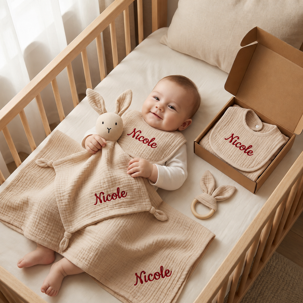 Personalisiertes 4-teiliges Neugeborenen Geschenkset – Musselin, Beißring & Lätzchen (100% Baumwolle)