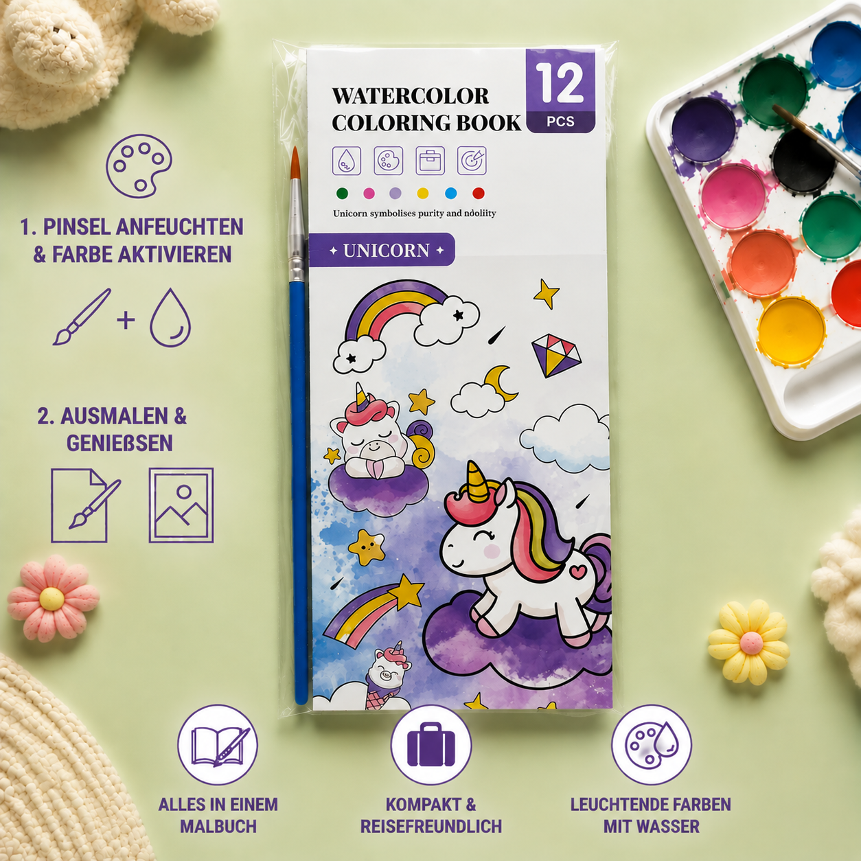 All-in-One-Aquarell-Malbuch mit integrierten Farben & Pinsel