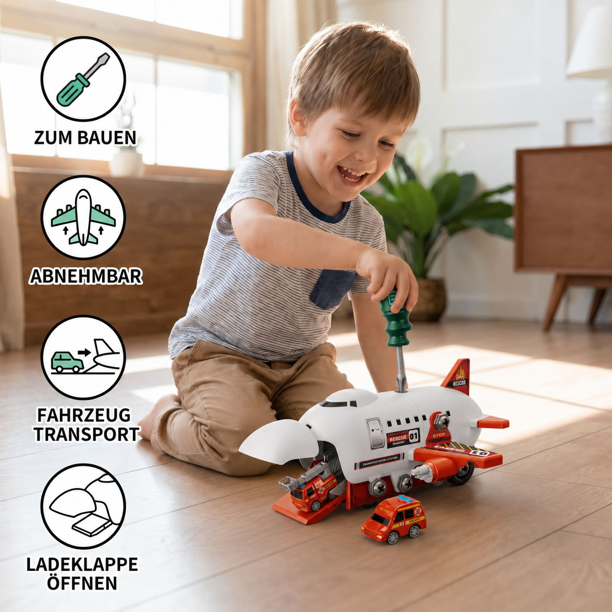 DIY-Spielset „Flugzeug-Transport-Lkw“ mit Baufahrzeugen