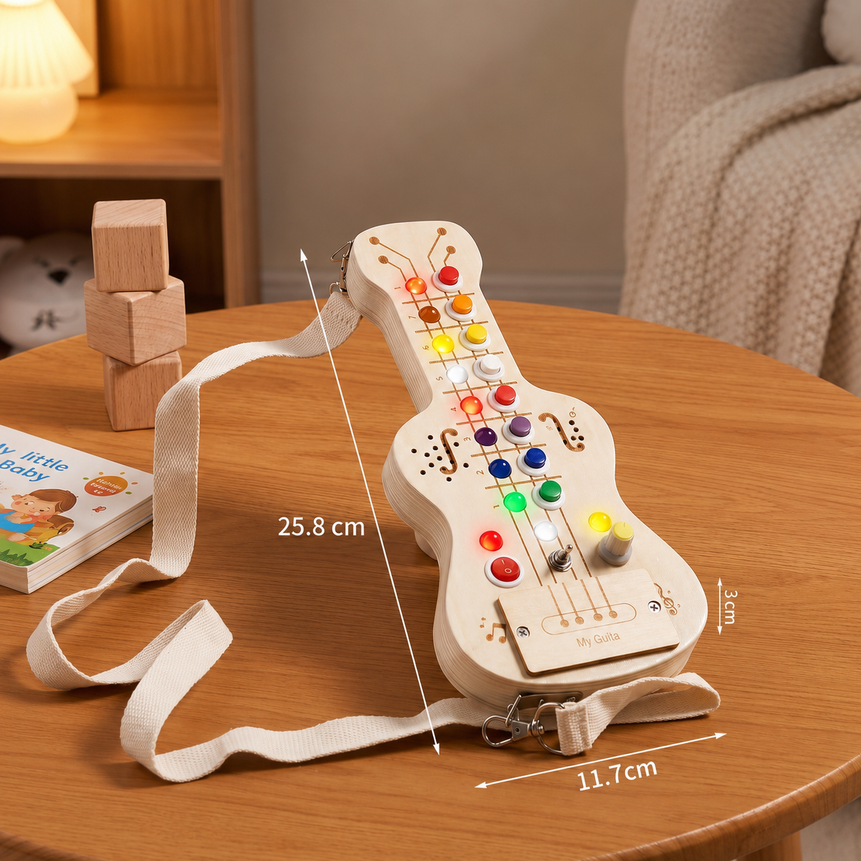 Holz-Busy-Board mit Licht und Sound in Gitarrenform