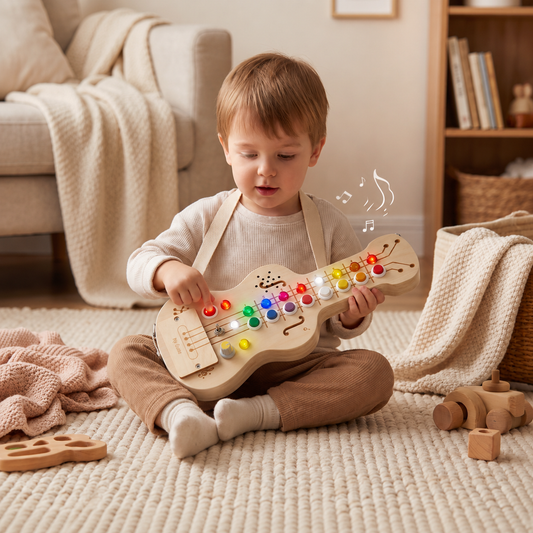 Holz-Busy-Board mit Licht und Sound in Gitarrenform