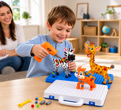Safari-Tier-Bausteinset mit elektrischem Spielzeugbohrer für Kinder