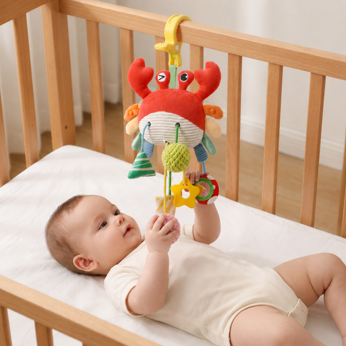 Krabben-Aktivitätsspielzeug für Babys mit Zugschnur, Rassel & Beißring