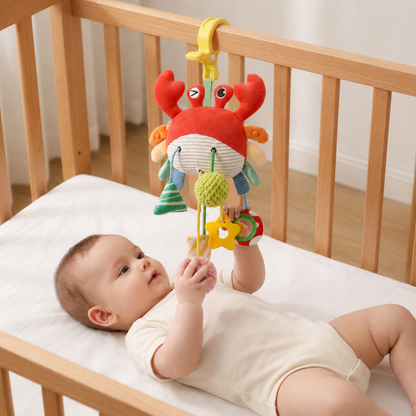 Krabben-Aktivitätsspielzeug für Babys mit Zugschnur, Rassel & Beißring
