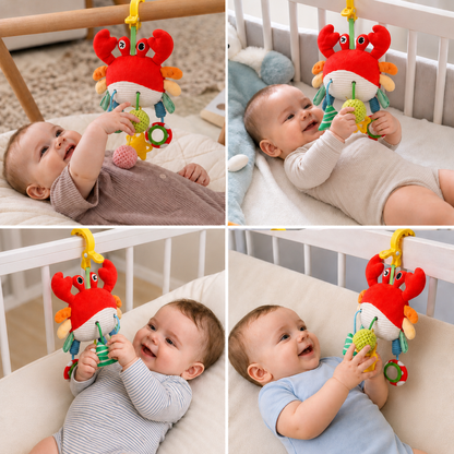 Krabben-Aktivitätsspielzeug für Babys mit Zugschnur, Rassel & Beißring