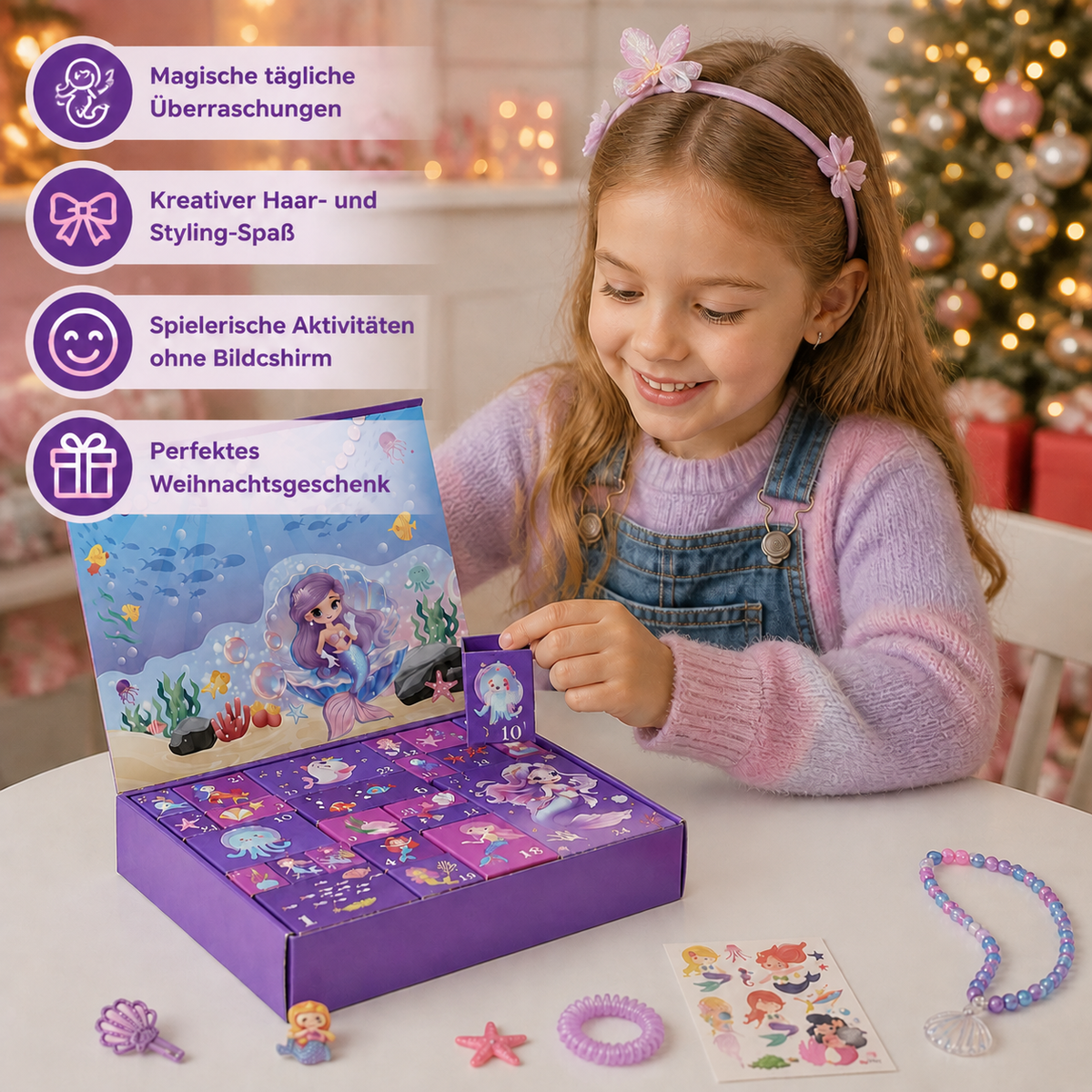 24-Tage-Meerjungfrauen-Adventskalender mit Haaraccessoires, Stickern & Überraschungsgeschenken