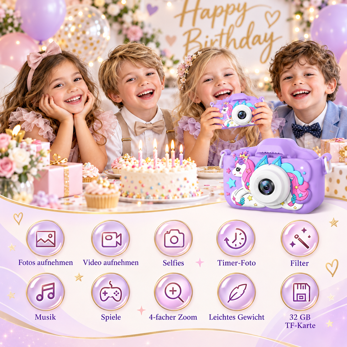 Wiederaufladbare Digitalkamera für Kinder mit Selfie-Modus, HD-Video & Silikonhülle