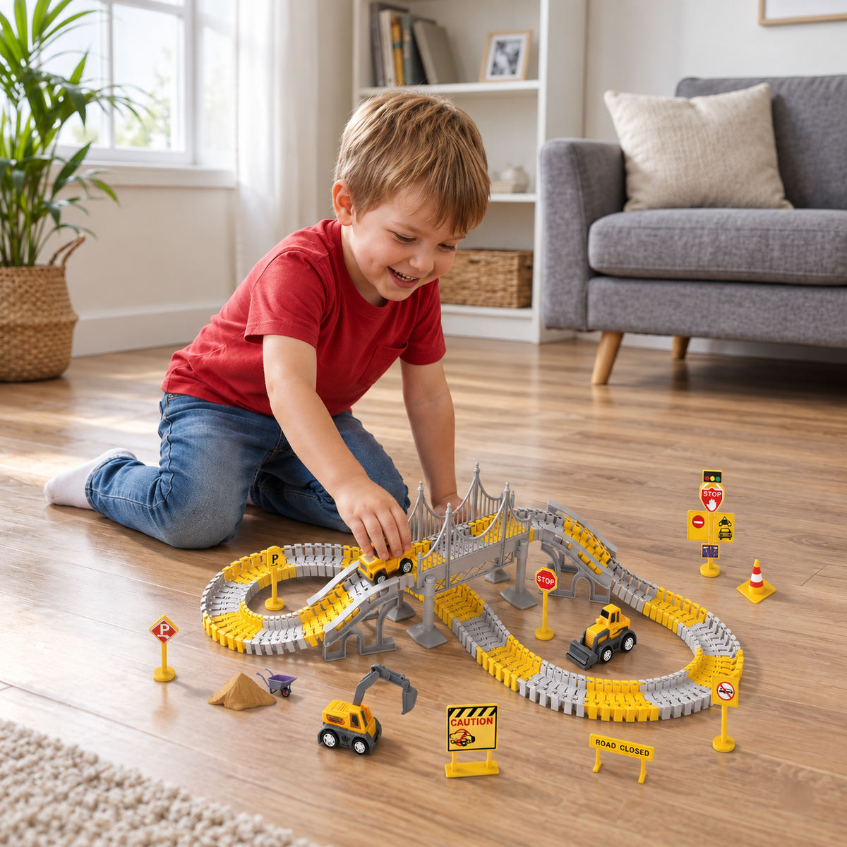Baustellenfahrzeug-Rennstrecken-Spielset mit Brücke, Fahrzeugen & Verkehrsschildern