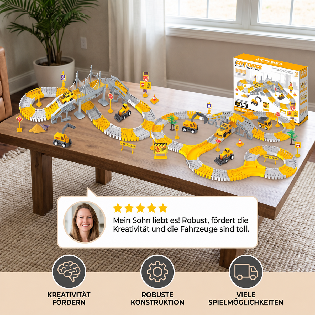 Baustellenfahrzeug-Rennstrecken-Spielset mit Brücke, Fahrzeugen & Verkehrsschildern