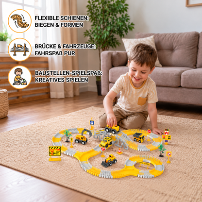 Baustellenfahrzeug-Rennstrecken-Spielset mit Brücke, Fahrzeugen & Verkehrsschildern