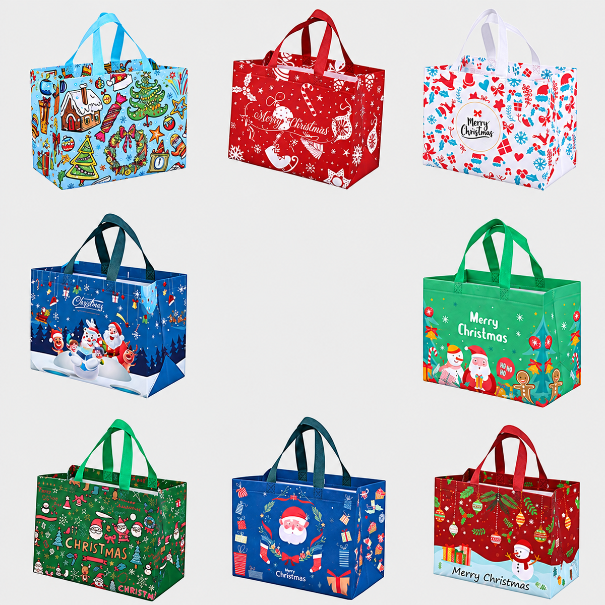 Wiederverwendbare Weihnachts-Geschenktaschen mit Griffen – Verschiedene festliche Designs