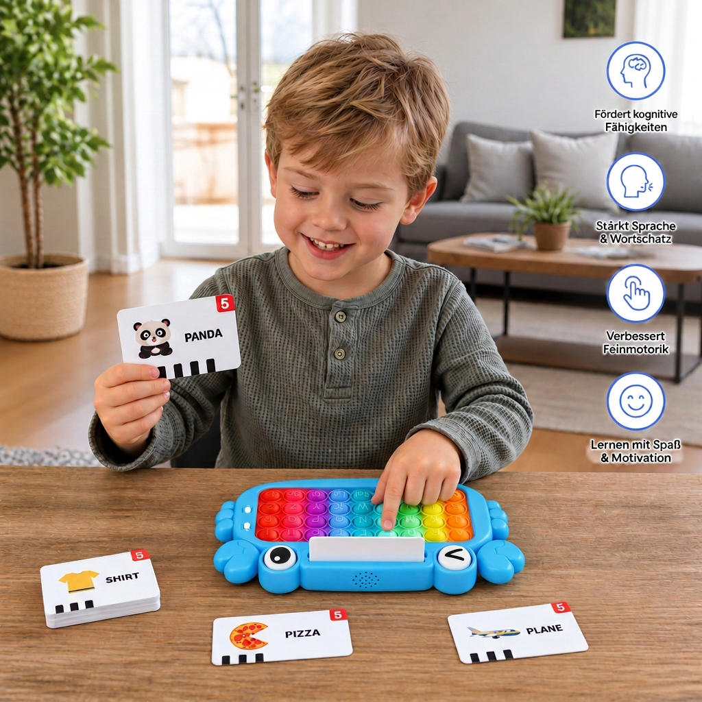 Interaktives sprechendes Lernkarten-Tablet mit Pop-It-Tastatur, Buchstabier- & Phonetikspielen