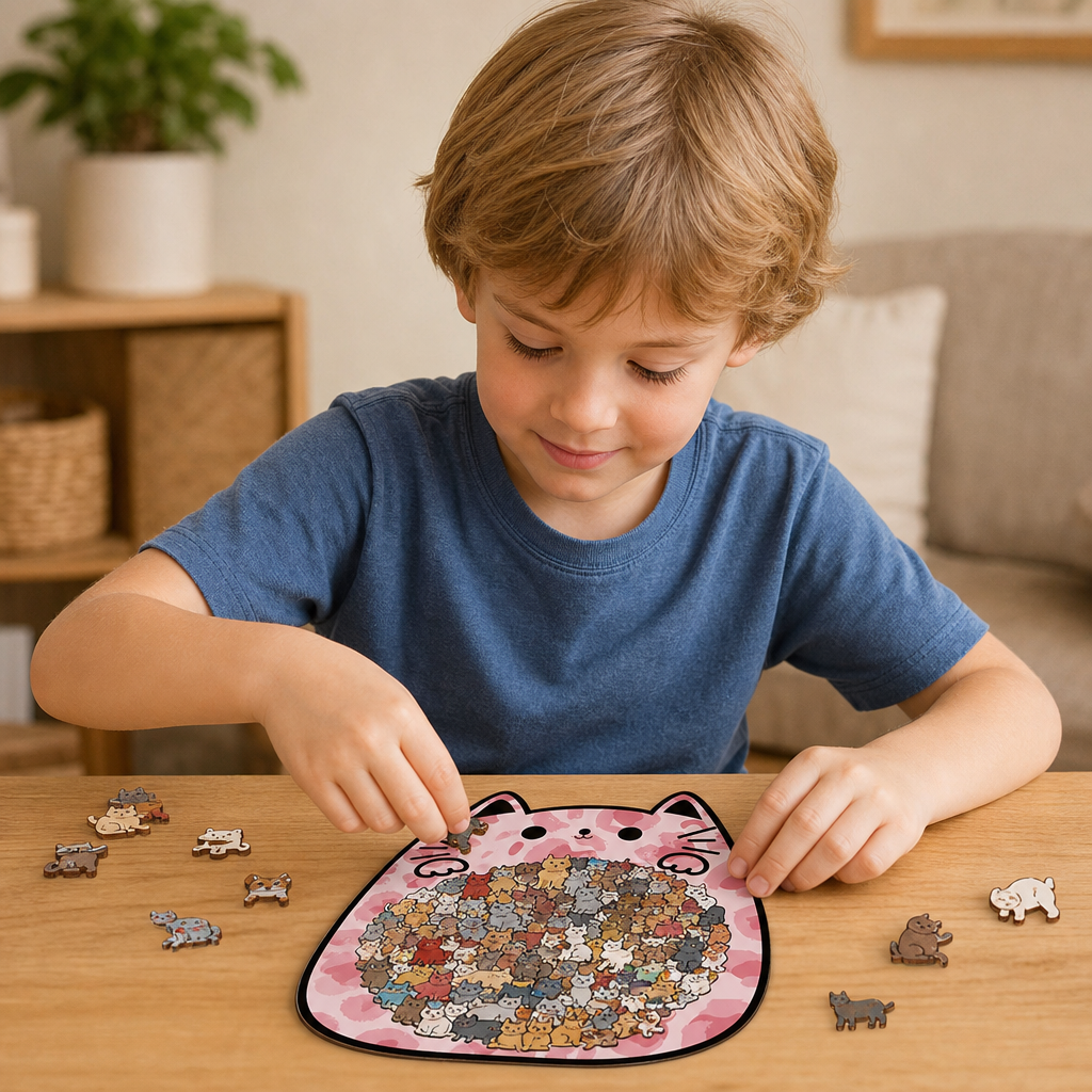 135-teiliges Holz-Puzzle mit katzenförmigen Puzzleteilen