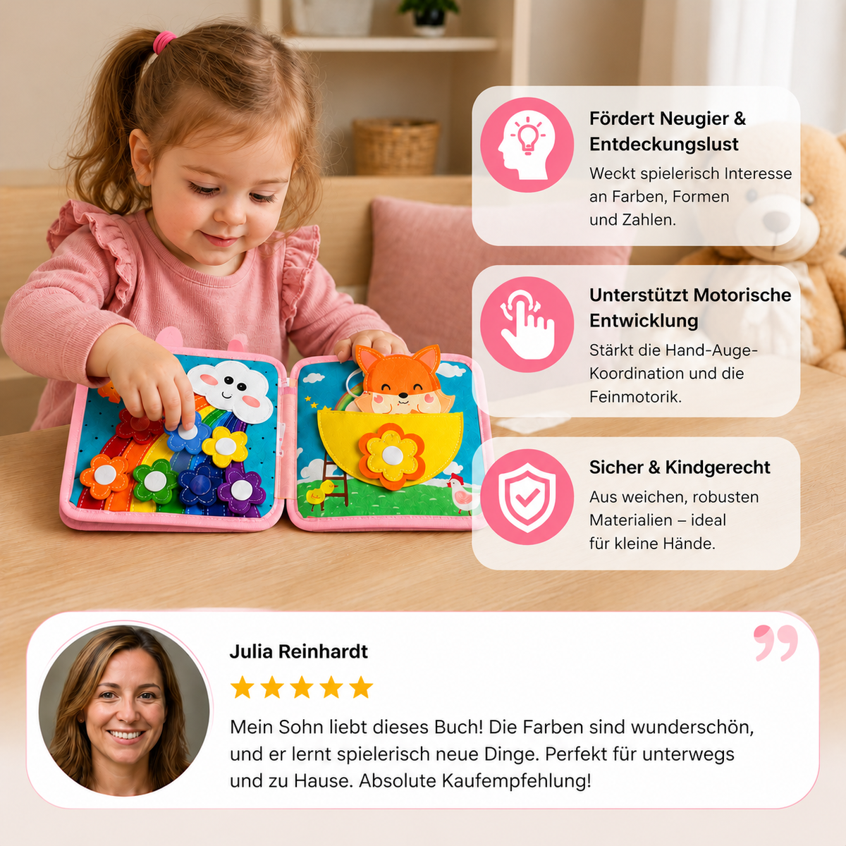 Montessori-Tast- & Fühl-Sensorik-Busy-Book für Kleinkinder