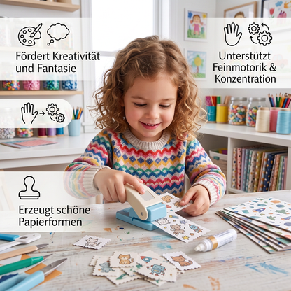 DIY-Papierstanzer im Briefmarken-Design für Kinderbasteleien
