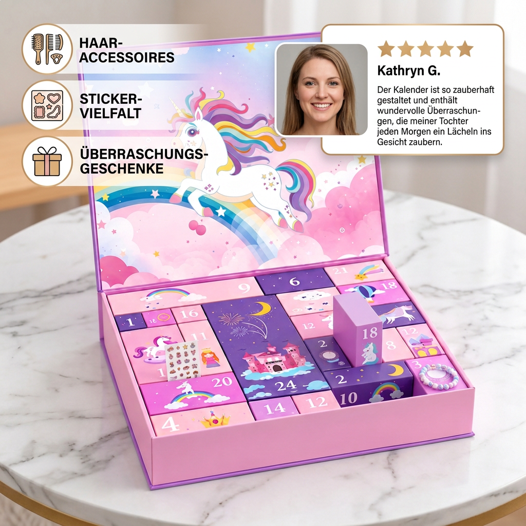 24-Tage-Einhorn-Adventskalender mit Haaraccessoires, Stickern & Überraschungsgeschenken