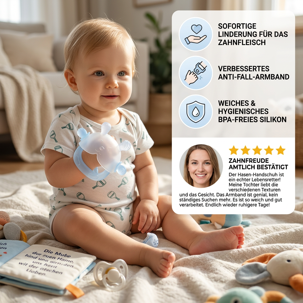 Hasen-Baby-Beißhandschuh – Weicher, BPA-freier Silikon-Beißring mit Anti-Fall-Handgelenkband (3–18 Monate)