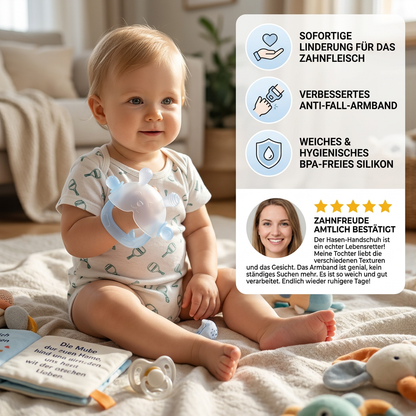 Hasen-Baby-Beißhandschuh – Weicher, BPA-freier Silikon-Beißring mit Anti-Fall-Handgelenkband (3–18 Monate)