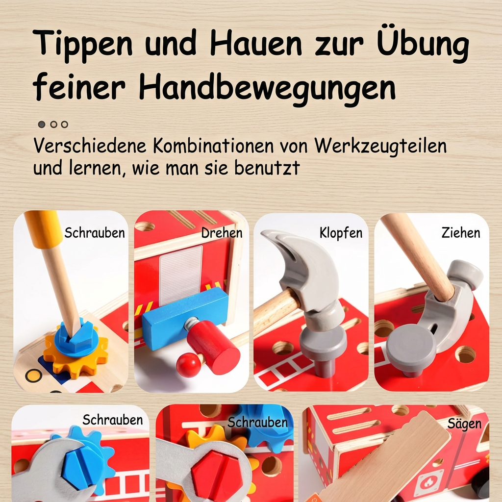Montessori-Holzwerkzeugkasten Feuerwehr mit Bauset