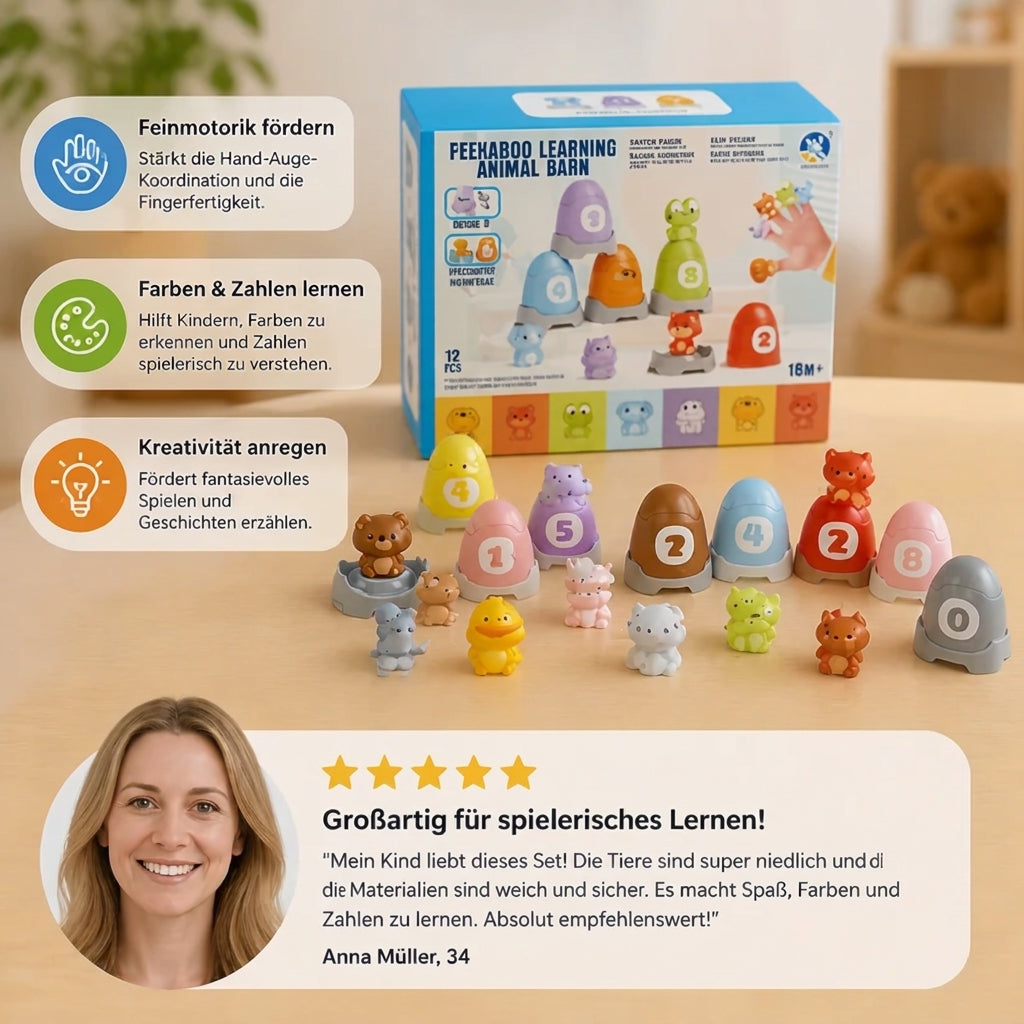 Montessori-Fingerpuppen-Set aus weichem Gummi mit Bauernhoftieren zum Farben-Sortieren & Zahlenlernen