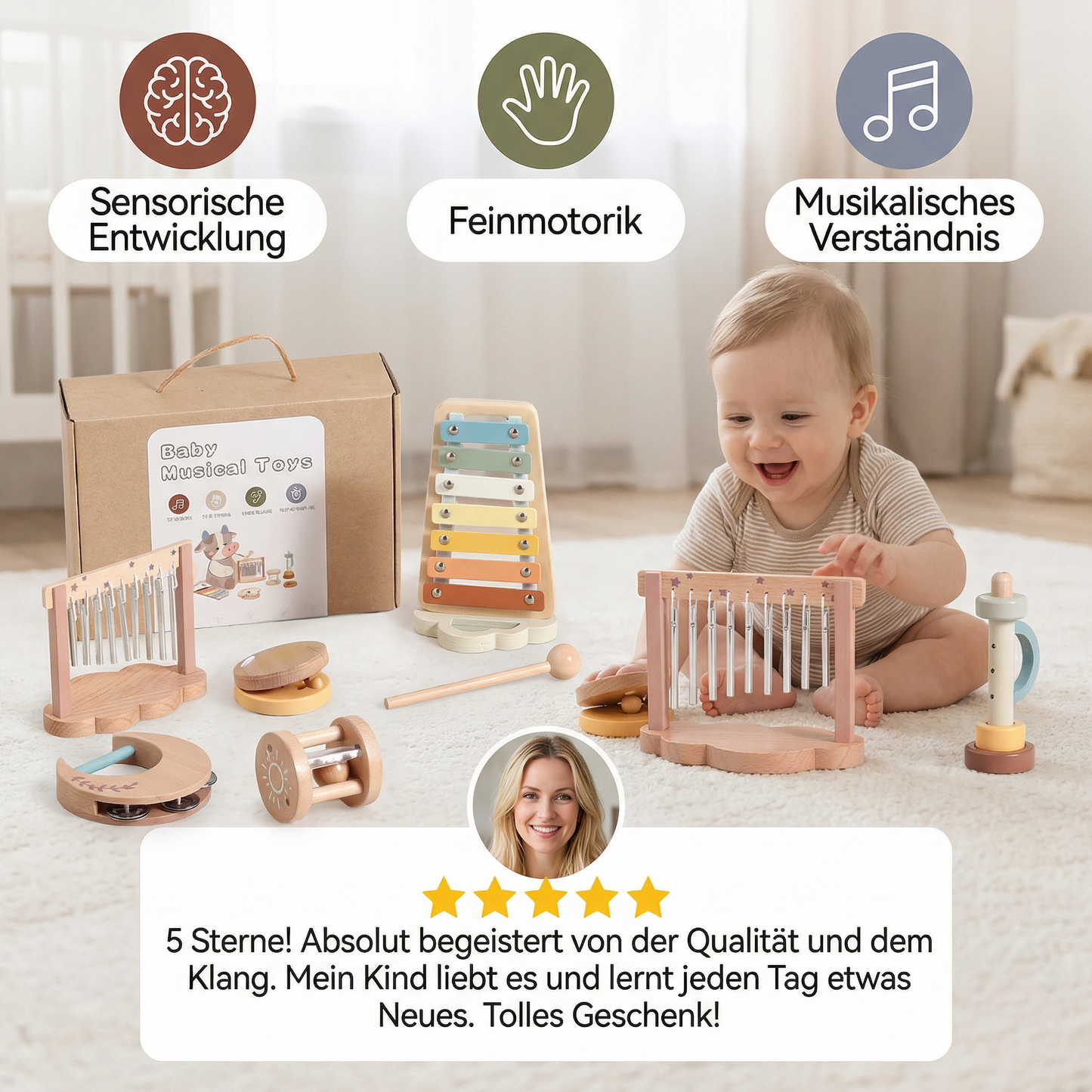 Baby Holz-Klangspiel Set – 6-teiliges sensorisches Musik- & Klangspielzeug